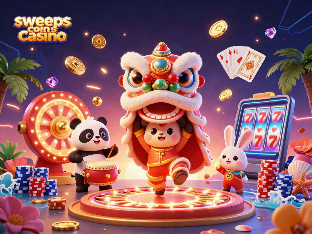 Experience the excitement of sweeps coins casino with lively characters, coins, and game elements in a vibrant 3D scene.
