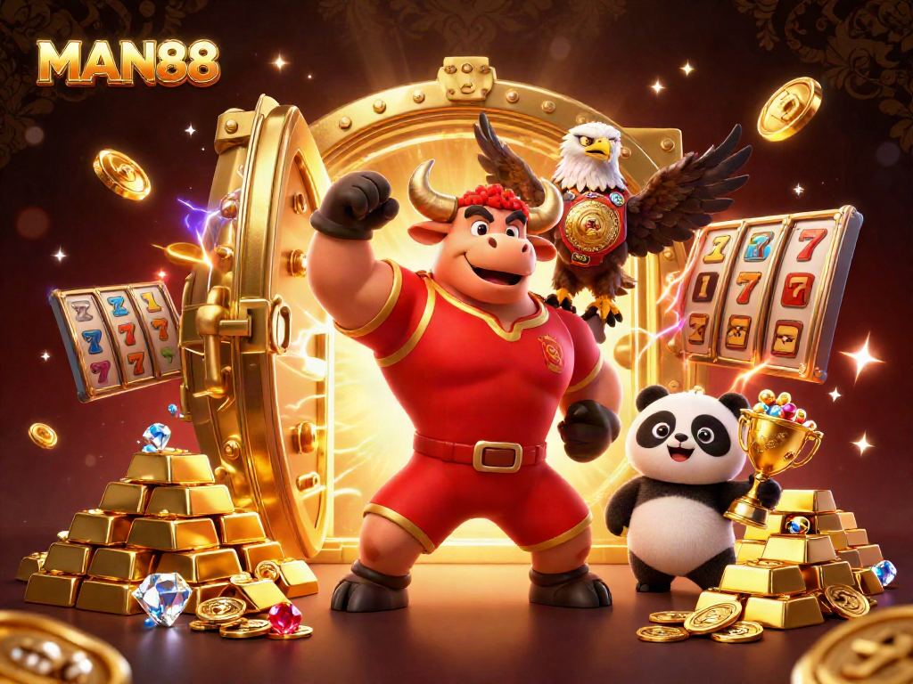 Engage in the thrilling world of MAN88 with a vibrant casino celebration featuring iconic casino elements.