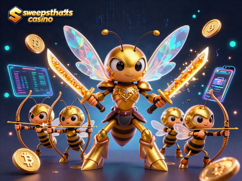 Win big at sweepstakes casino with a vibrant 3D illustration of a golden hornet samurai and crypto elements.