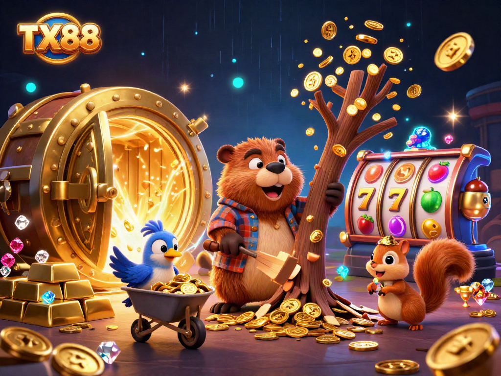 Experience excitement with TX88's cartoon beaver, slot elements, and treasure!