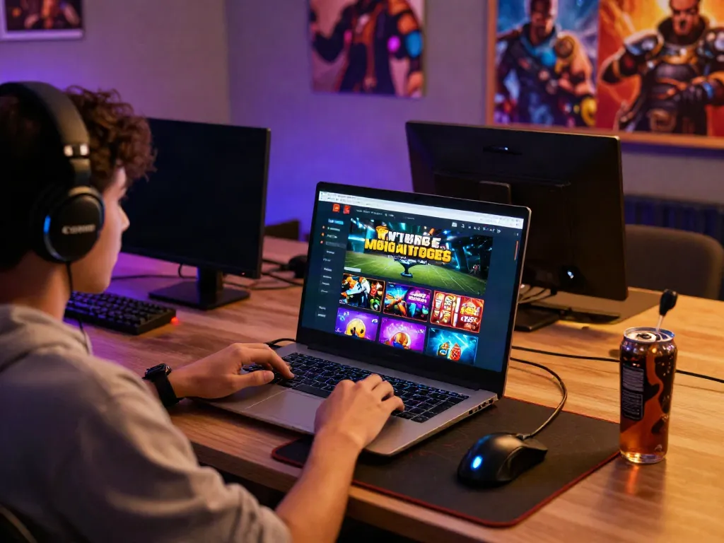 Engaging scene of a user exploring gaming options on https://gem88.jpn.com/ at a modern workspace.