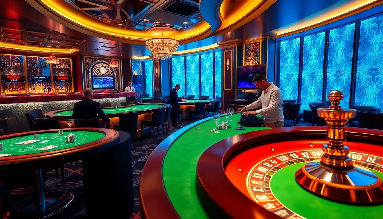 Play at AZ88 casino, featuring stylish tables, poker chips, and vibrant cocktails.