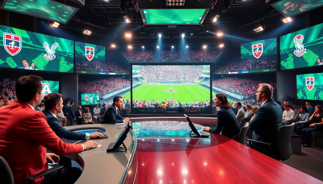 Captivating sports broadcasting studio showcasing diverse presenters immersed in live coverage.