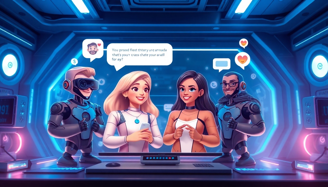 Engaging CrushOn AI chat interface showcasing diverse animated characters in a futuristic tech environment.