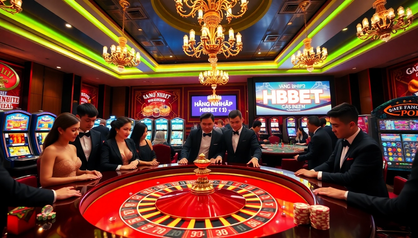 Engaging scene featuring players around a roulette table with the keyword ĐĂNG NHẬP HBBET visible, showcasing the excitement of casino gaming.