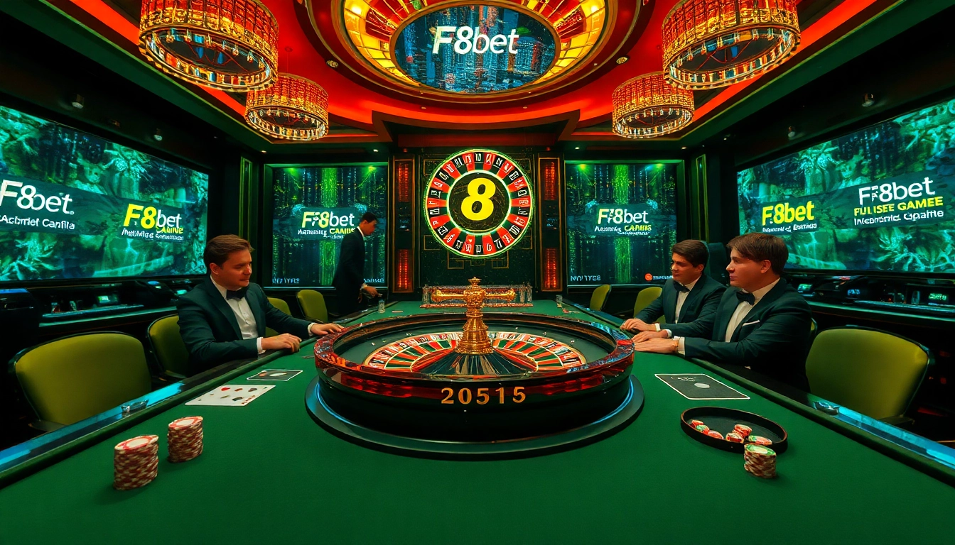 Players engaging in thrilling bets at a f8bet com casino table with vibrant roulette wheel.