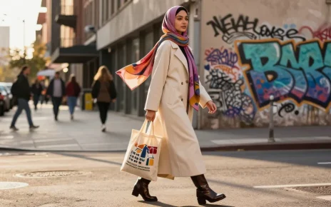 Elegant woman in modest clothing showcasing fashion statement in urban setting, promoting modest clothing.