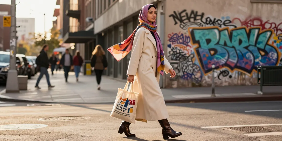 Elegant woman in modest clothing showcasing fashion statement in urban setting, promoting modest clothing.