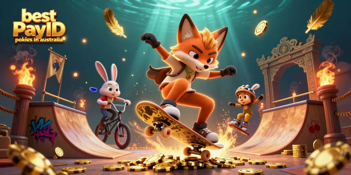 Experience the excitement of the best PayID pokies in australia with a vibrant poker-themed illustration featuring action and casino elements.