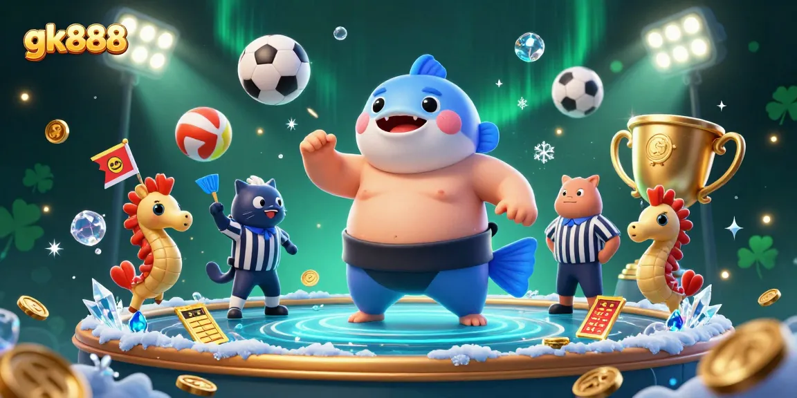 Experience thrilling action with gk888 as a blowfish sumo wrestler and catfish referee in a vibrant underwater casino.