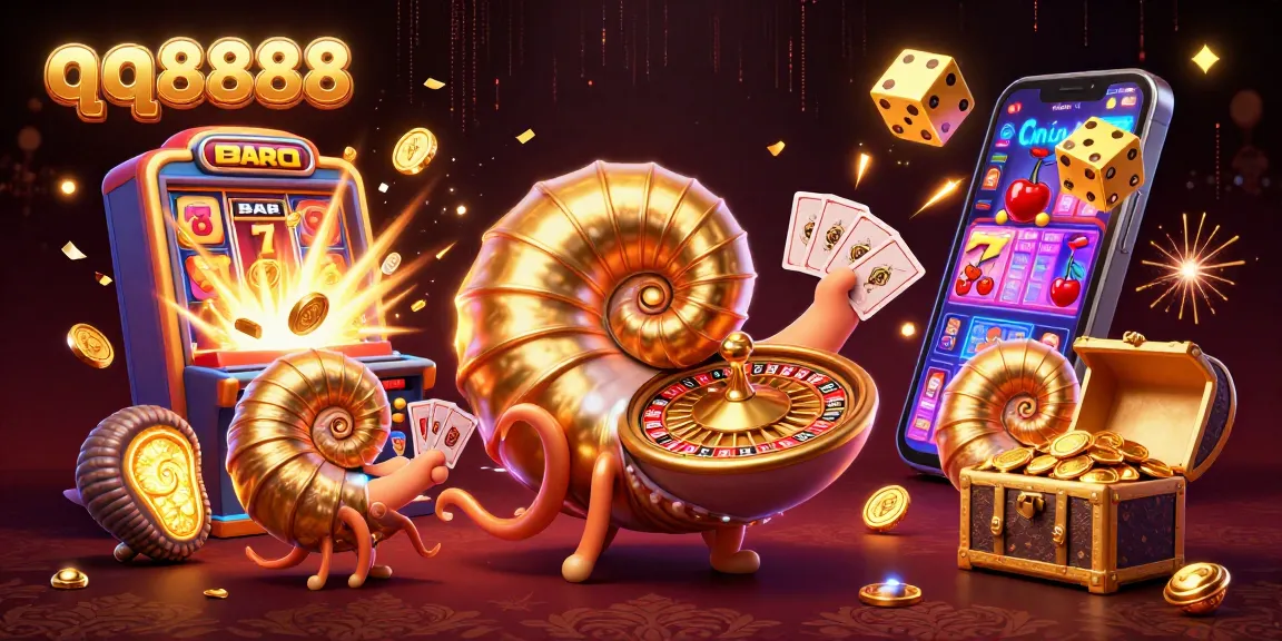 Feel the excitement with qq8888 as a giant golden nautilus holds cards surrounded by jackpot symbols.