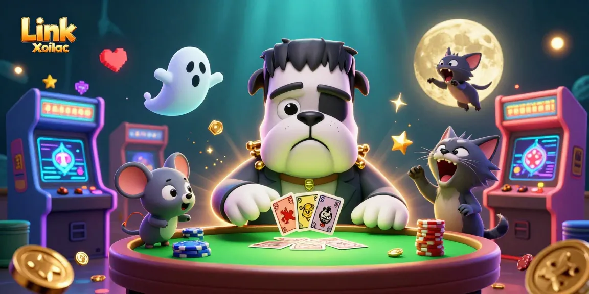 Engage with Link Xoilac at a lively casino table featuring cartoon characters and vibrant game visuals.