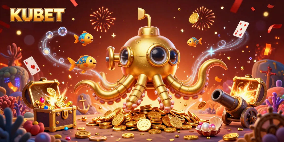 KUBET offers exhilarating gaming excitement with a golden kraken submarine amidst coins and playing cards.