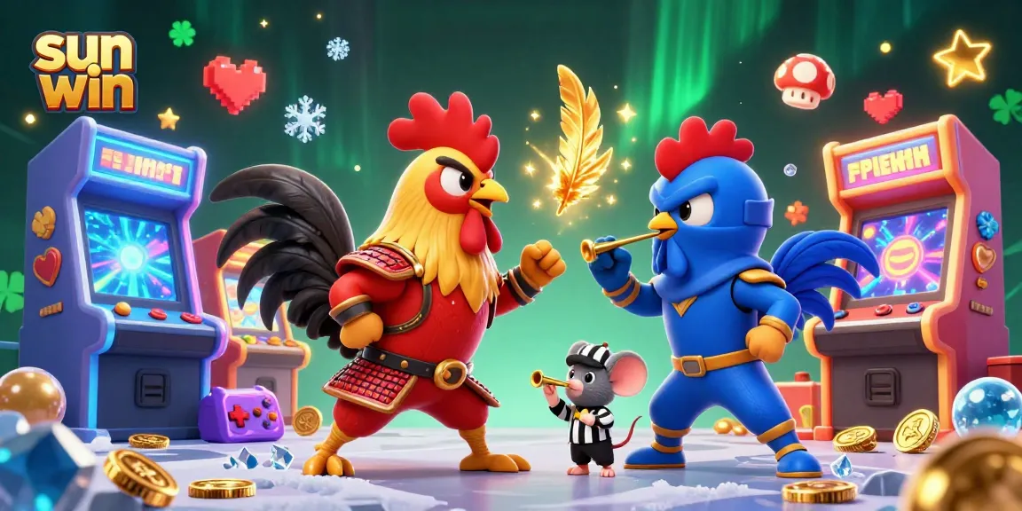 Engage in thrilling action with sun win as 3D cartoon roosters battle in an epic casino scene.